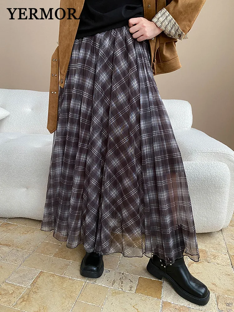 

YERMORA винтажная юбка до половины тела с высокой талией и кофейной сеткой Pladi для женщин, свободная посадка, новая мода, весна-осень 2025