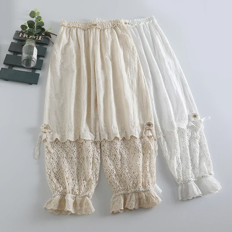 Calça feminina bordada com flores Mori de renda doce, calça oca, elástico na cintura, babados, casual calça solta de algodão, japonês, kawaii, menina