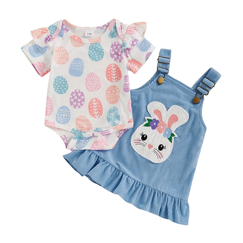 Tenue de Pâques pour bébés filles, barboteuses à imprimé nœud d'oeuf, ensemble de robe à bretelles ours lapin, vêtements d'été mignons