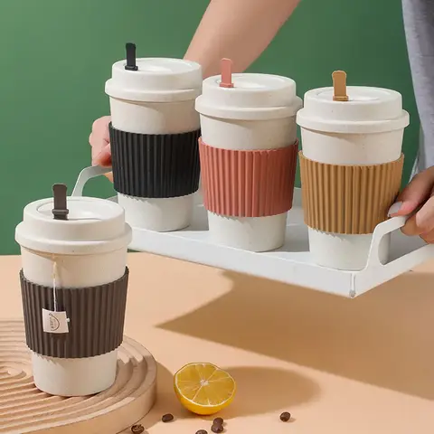 450ML Coffee Cups With Lids Wheat Straw Reusable Portable Coffee Cup Dishwasher Safe Coffee Mug Coffee Tea Travel Cups