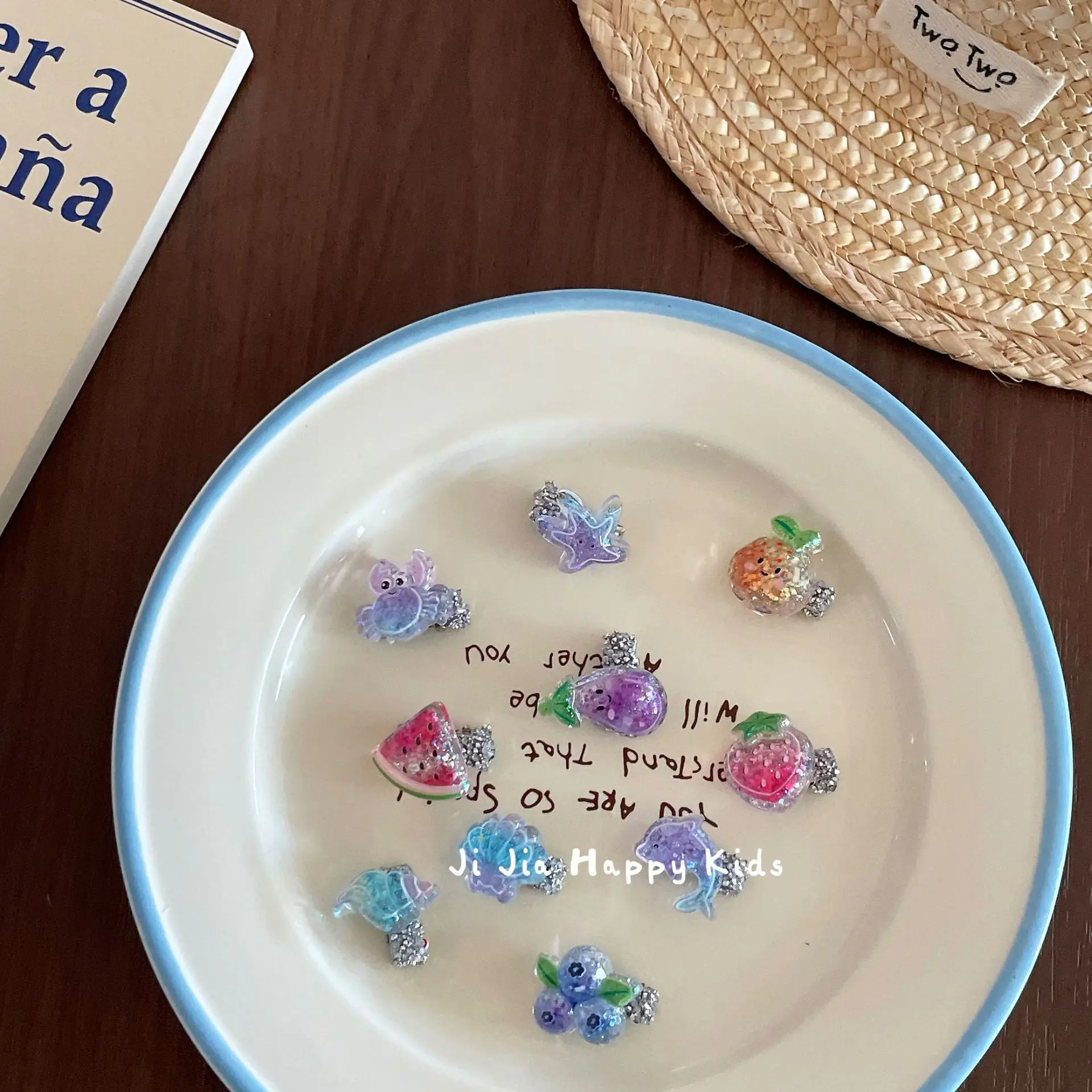 Hair Ties Hair Clips Kids Sweet Shimmer Fruit Mini Ocean World Shell Starfish Elastic Resin Small Colorful Summer Headwear