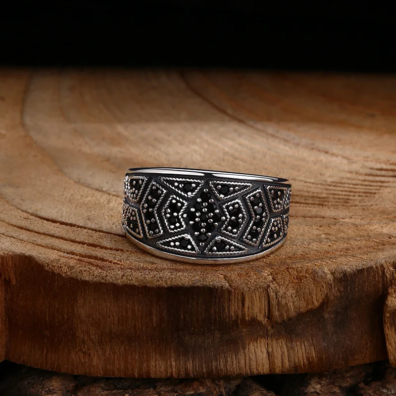 S925 Sterling Silver Black Zircon Adjustable Ring Punk Style Old Process Geometric Pattern Solid Free Size Fine Jewelry FYRNG142
