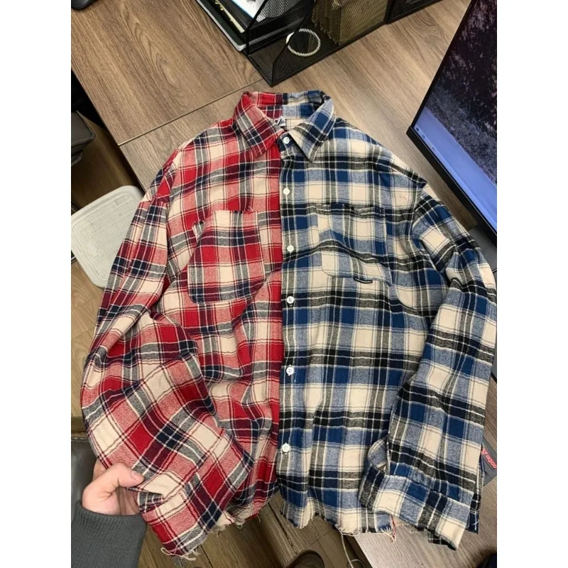 EBAIHUI Color Blocking Patchwork Men's Checkered Shirt with Tassel Long Sleeves Wearing An Outerwear Loose Stylish Male Top