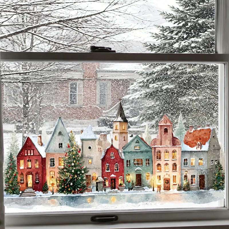 Comfortable Winter Watercolor Village Window stickers, Snow House pine tree Streetlights, Christmas Glass Decorative Patterns