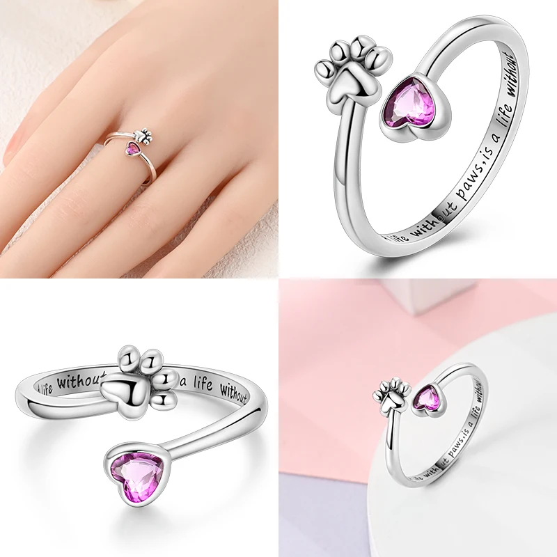 Pink Heart Pet Cat Dog Paw Print 925 Sterling Silver Open Ring For Woman Girl Minimalist Cute Style Fine Jewelry