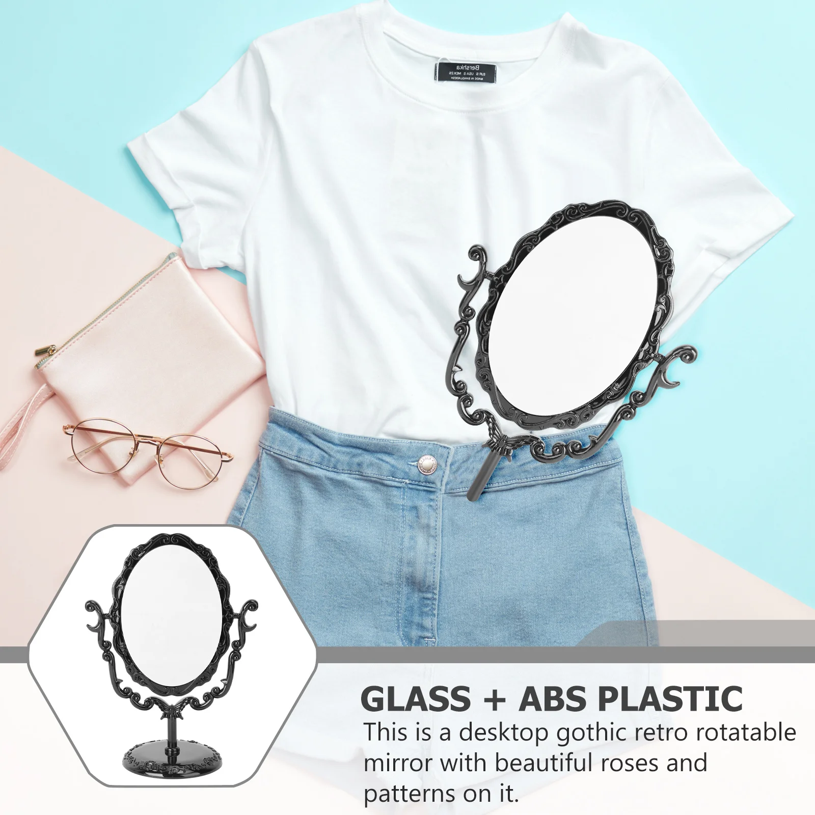 Gothic Desktop Rotatable Vintage Makeup Mirror Black Frame Elegant Rose Pattern Stable Bracket One Side Mirror