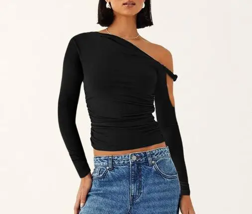 女性の秋の新ソリッドカラーシングルショルダー斜め襟折り非対称セクシーな長袖トップ女性のための