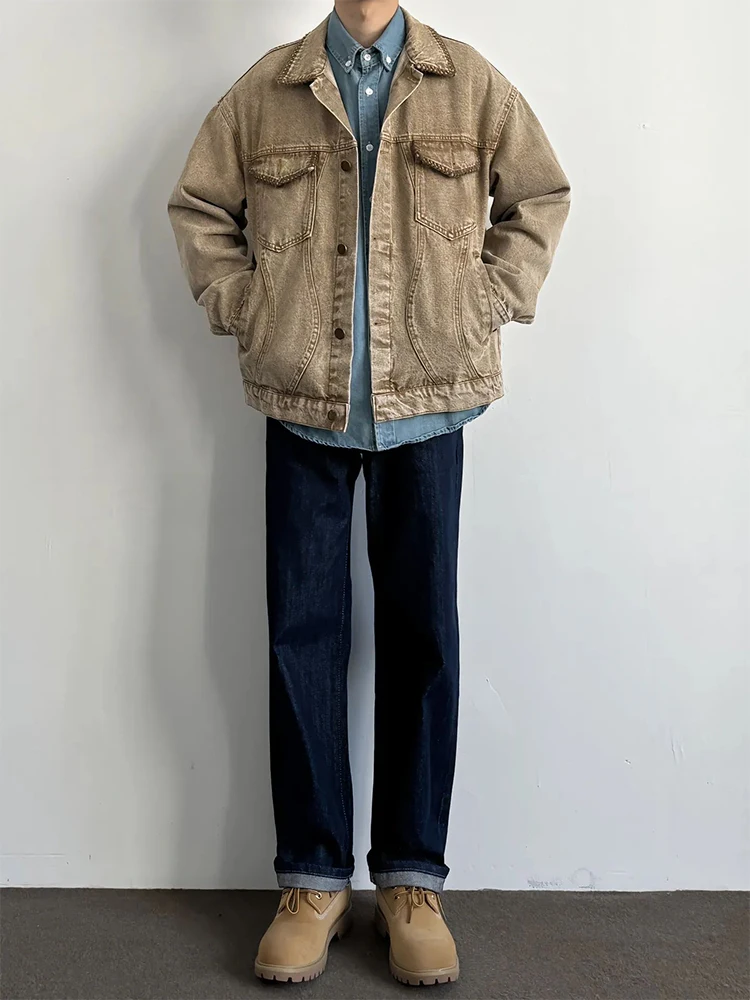 

Deep Blue Cuffed Straight Leg Jeans Men's Clean Cut American Retro Vibe Long Cotton Denim Spring Autumn Seasonal Wear