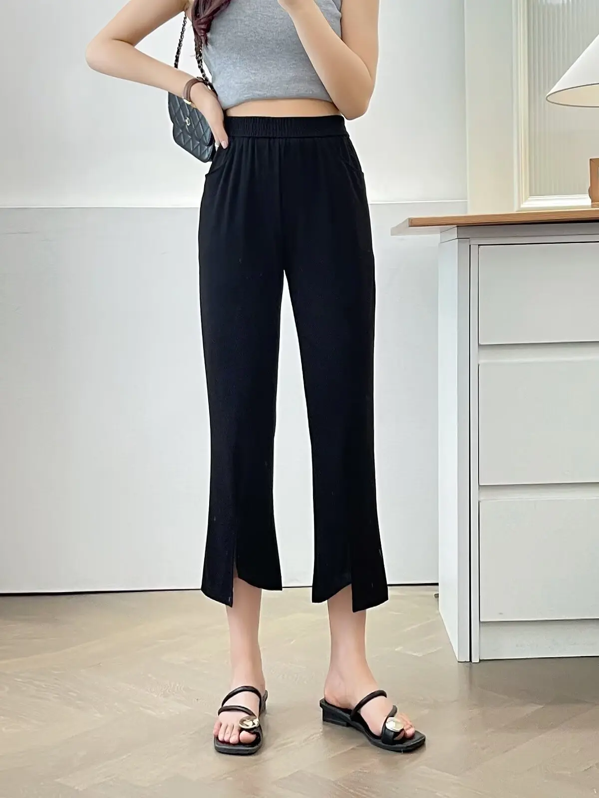 Black High Waist Straight Leg Casual Pants for Women Spring Summer Fashion Trousers with Slits Loose Fit Korean Style