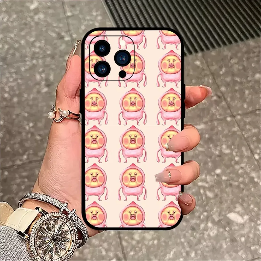 Cute Cartoon Kobito Peach Phone Case For iPhone Mini 11 12 13 14 15 Pro XS Max X Plus SE XR Black Soft Shell