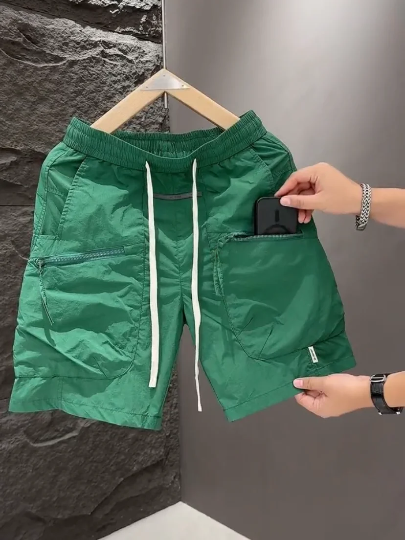 

Летние быстросохнущие тонкие мужские повседневные шорты-брюки для пляжа с молнией, свободного кроя, из дышащей хлопковой смесовой ткани, молодежные