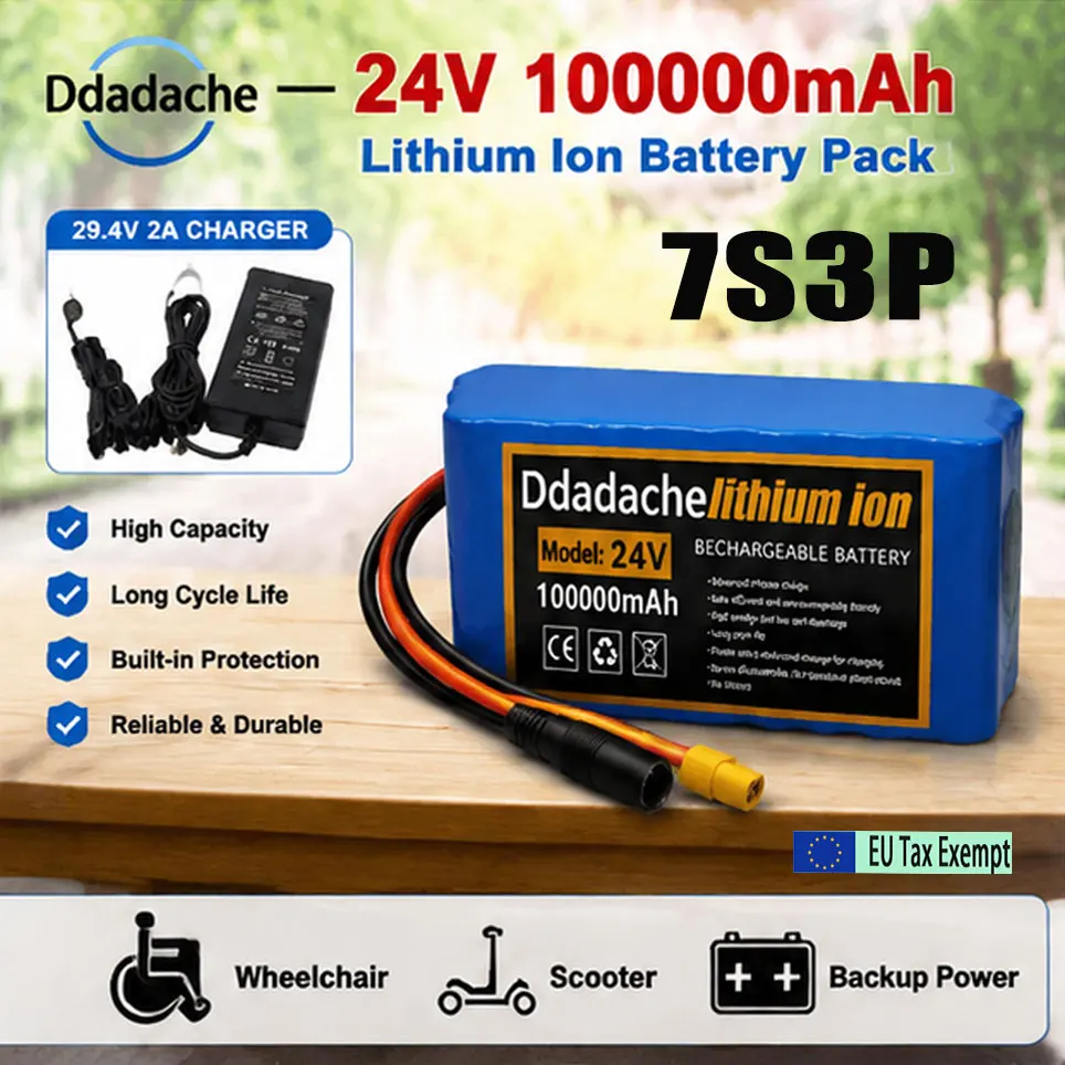 Ersatzakku für E-Bike, Moped, Elektroroller, EU-Lokallager, 7S3P 24V 100Ah 18650 wiederaufladbarer Lithium-Akku mit 29,4V 2A Ladegerät