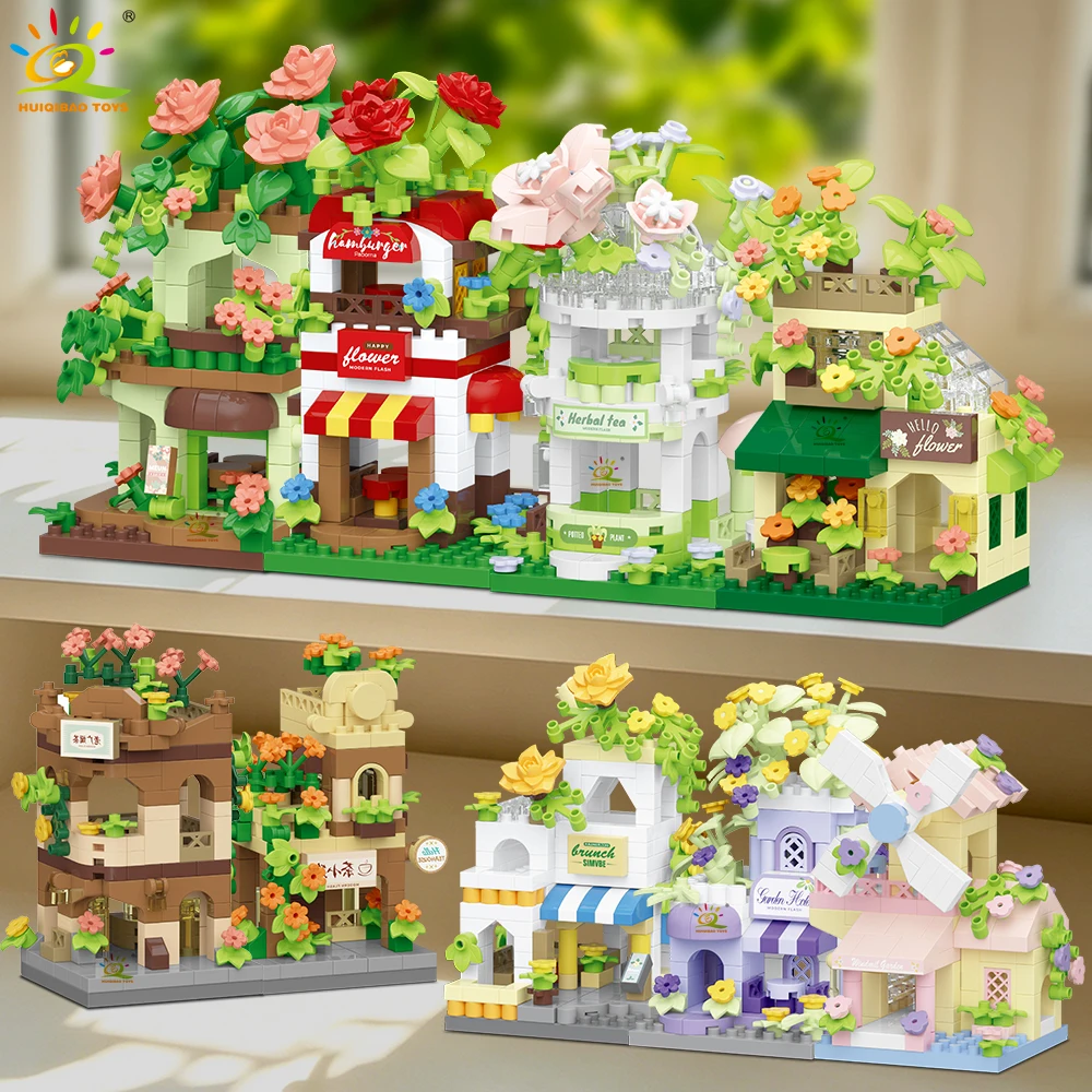 HUIQIBAO – modèle de magasin de fleurs MOC mignon, blocs de construction micro, modèle de magasin de vue sur la rue, ensemble de briques miniatures, jouet pour enfants, décoration de la maison