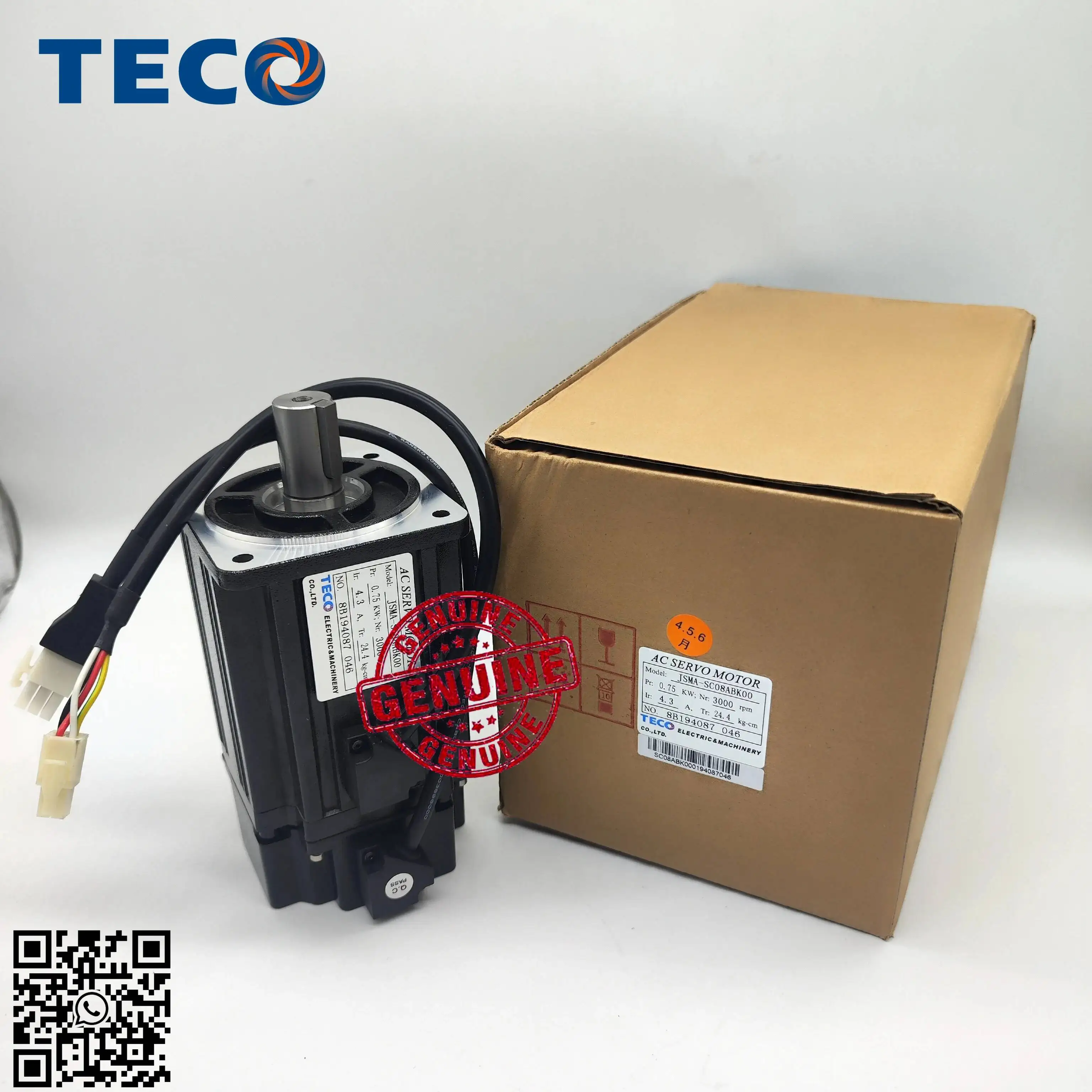 TECO 750w JSMA-SC08ABK00 or 01 AC 220V Servo Motor 3000 rpm 2500 ppr Encoder 24.4 kg.cm Torque 4.3A Match JSDEP-20A Servo Drive