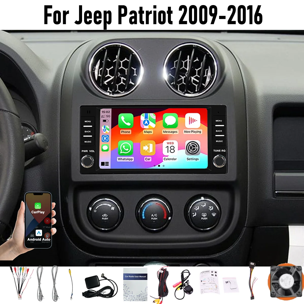 7“ Wireless CarPlay Android auto For Jeep Patriot 2009-2016 6-128GB (8CORE) Screen Android15 Head Unit GPS Navigation Radio