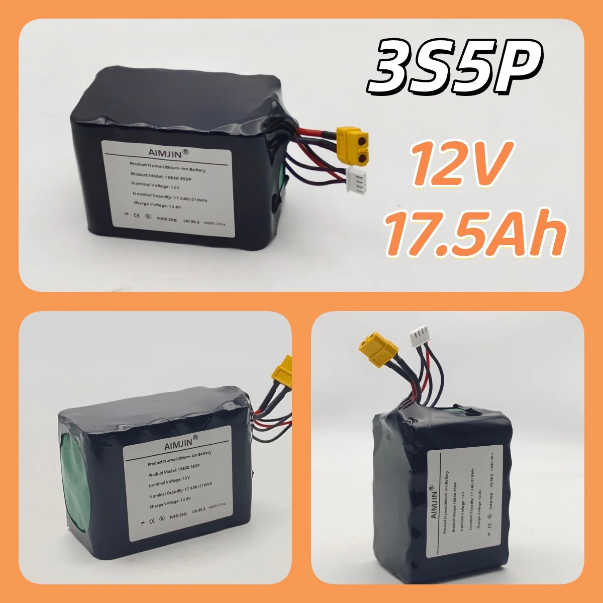 

Литий-ионный аккумулятор 3S5P 12В 17.5Ач высокой емкости для БПЛА, с разъемами XH2.54+XT60, для различных радиоуправляемых самолетов, дронов, квадрокоптеров