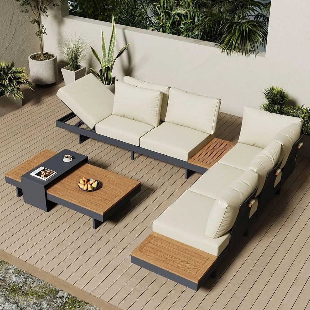 6 Piece Aluminum & Teak Outdoor Sofa Set, Patio Sofa Seat L-Shaped Outdoor Sectional Sofa Set with Adjustable Backrests,