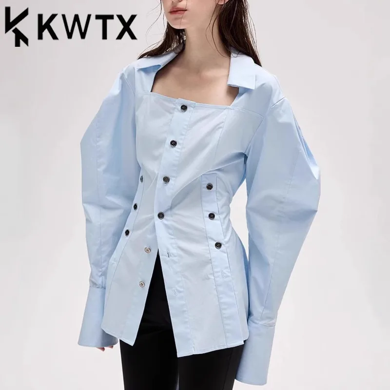 

KWTX женская однотонная блузка с квадратным вырезом и длинным рукавом с поясом на талии, легкая минималистичная дизайнерская роскошная мода весны и лета 2025 года
