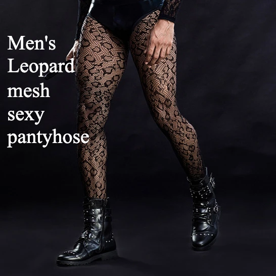 Men's Leopard Mesh Sexy Pantyhose Male Tights Sissy Bodystockings Husband Fishnet Socks Fetish Guy Costumes calcetines largos