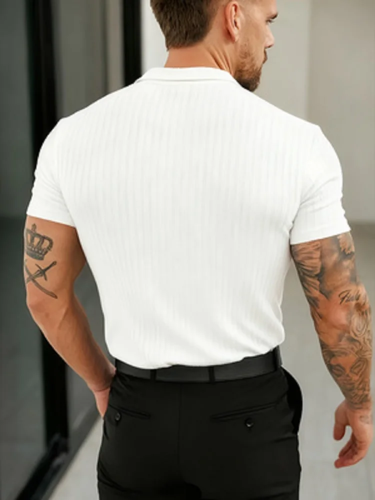 Men's Slimming Ribbed Knitted Polo Shirt Short-sleeved Casual Business Tattoo Top Summer Fashion Muscle T-shirt Street Wear