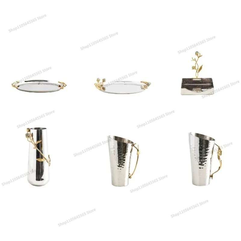 For Flower Branch Handle, Hammer Patterned Tray, Imported Gold Branch Handle, Silver Oval Long Tray, Kettle