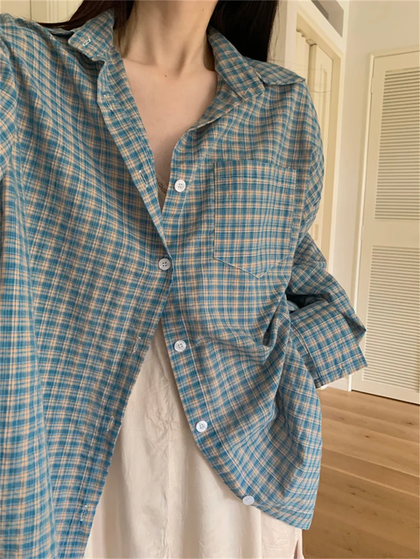 Alien Kitty Blue Plaid Shirts Women Autumn Chic Loose Oversize Fashion Slim New Full Sleeve Casual Daily All Match Gentle OL