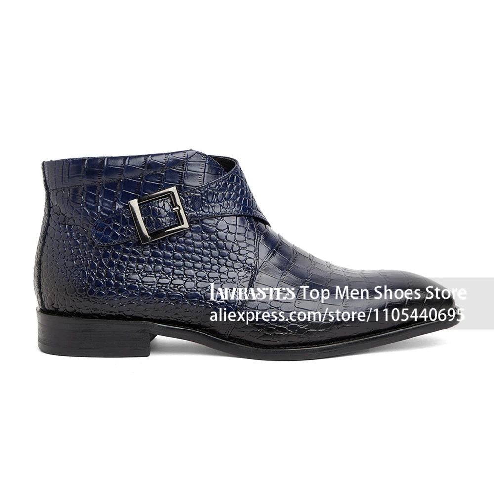 Crocodile Embossed Monk Strap Ankle Boots Luxury Style Dress Booties for Wedding Almond Toe Handmade Ankle Boots for Gentleman