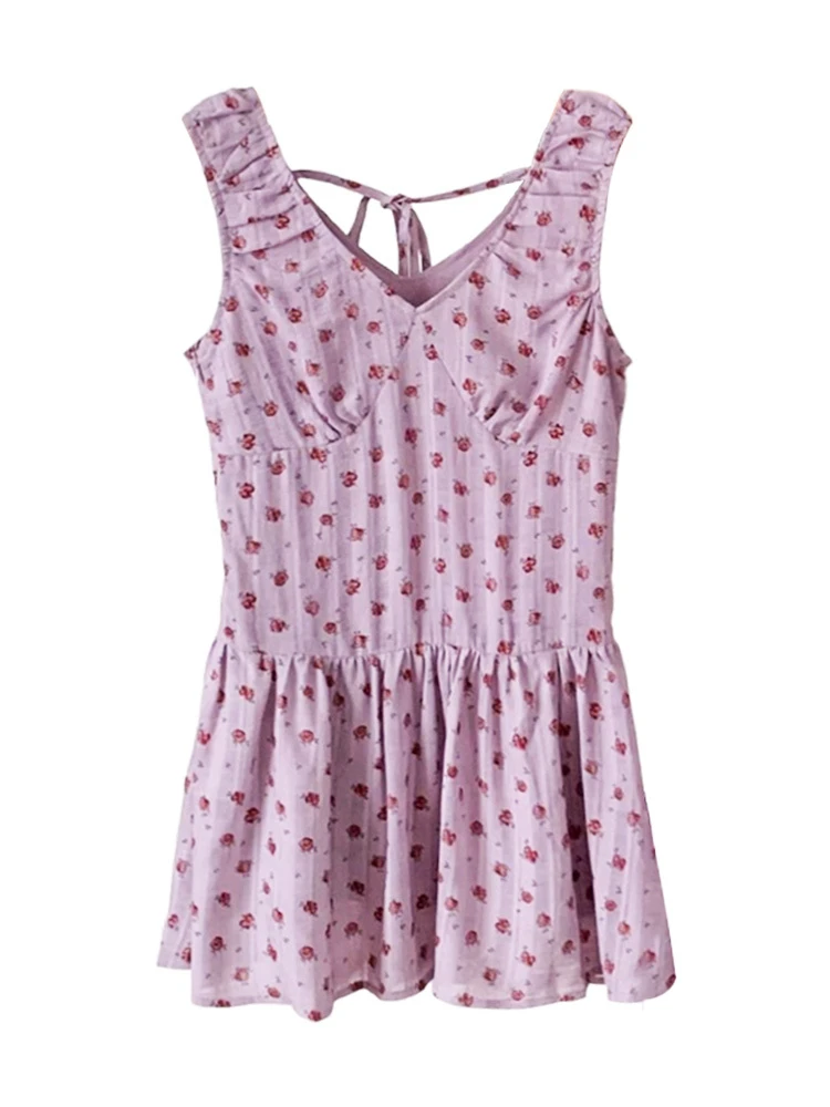 Summer 2025 Women's V-ne Svel Floral Print Vest Dr A-line ort Skirt Slimming Effect Sweet Sle Polyester Fiber