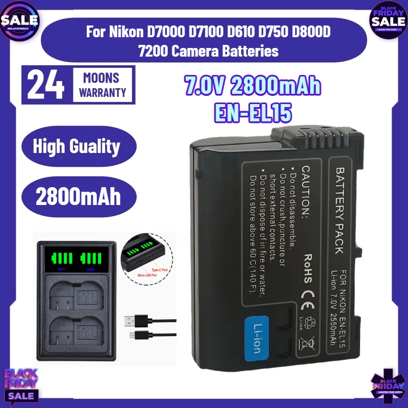 New 7.0V 2800mAh EN-EL15 Battery+USB Dual Charger for Nikon D7000 D7100 D610 D750 D800D 7200 Camera Batteries