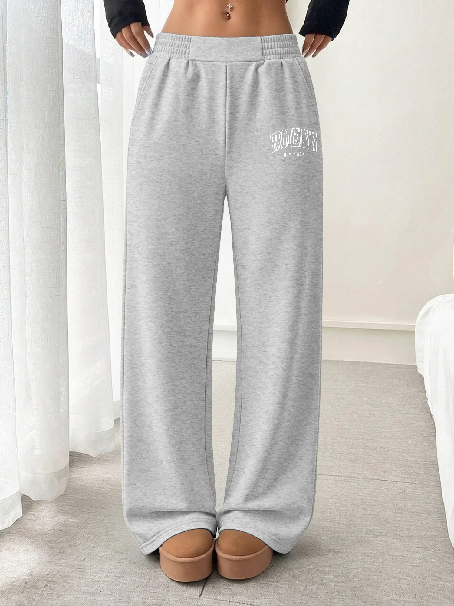 

Women's "Brooklyn New York" Print High Waist Wide Leg Pants, Black Casual Trousers, Elastic Waist, Loose Fit, Daily Street Style