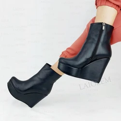 SEIIHEM Women Ankle Boots Platform Wedges Side Zip Faux Leather Booties Height Increase Ladies Shoes Woman Big Size 41 45 50 52