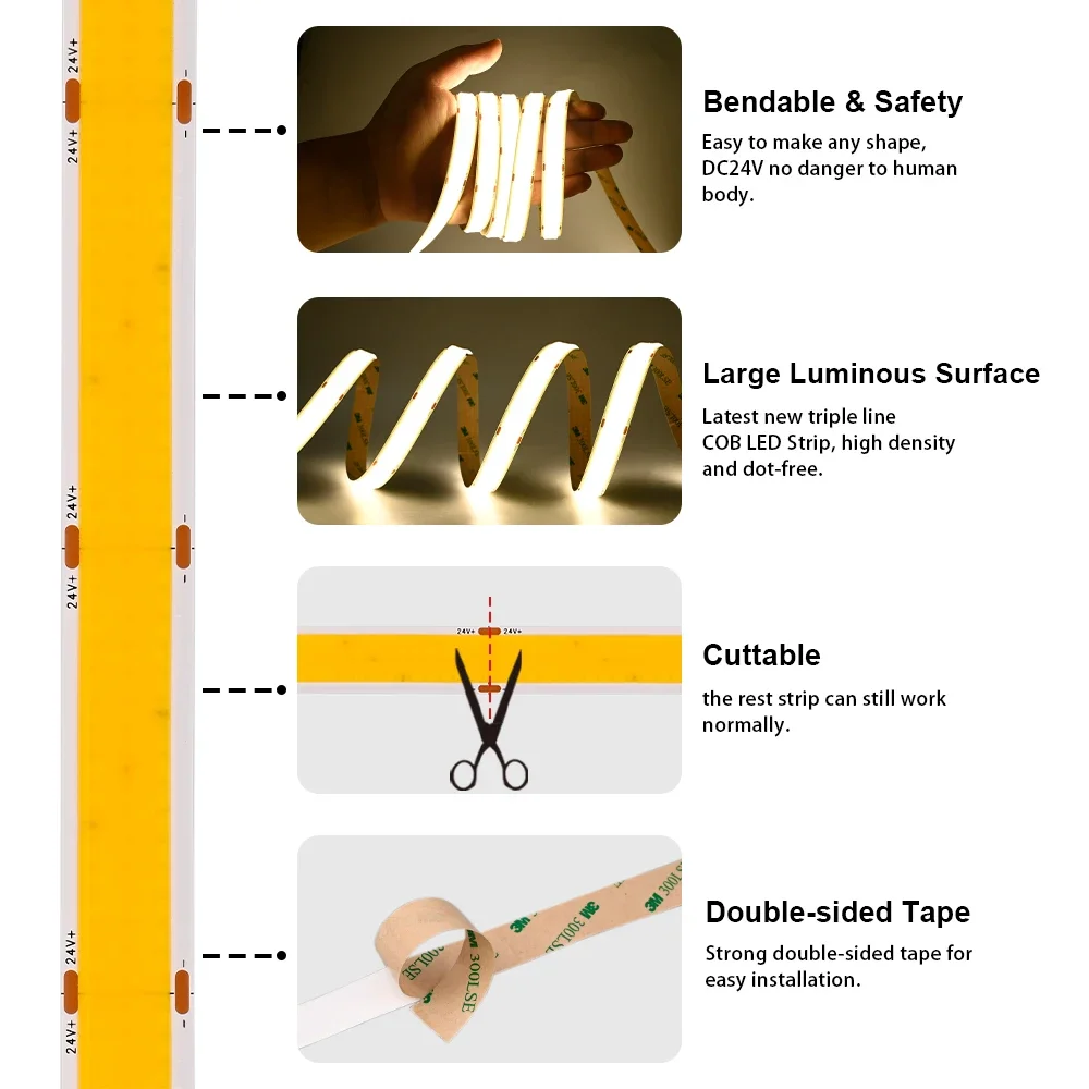 3 Row COB LED Strip Light 2600lm/m High Brightness Density 960 LEDs/m Flexible Dimmable Led Tape RA90 3000K 4000K 6500K DC24V