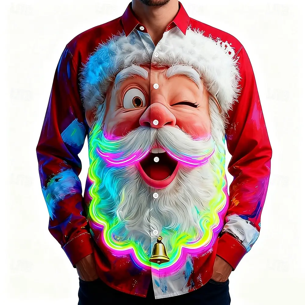 

Trend Santa Claus Smile Pattern Print Shirts Spring Autumn Neon Shirts Casual Loose Long Sleeve Tops Christmas Style Men Clothes