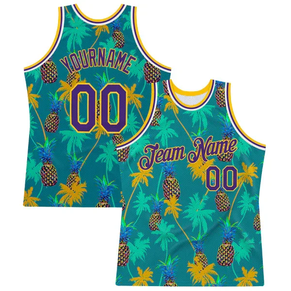 

Custom Kelly Green Royal-Gold 3D Pattern Hawaii Palm Trees Authentic Basketball Jersey