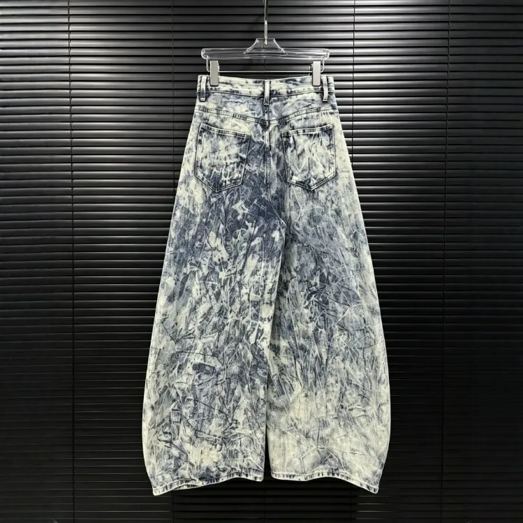 Wide Leg Distressed Jeans Mid Length Streetwear with Tie Detail Acid Wash Ripped Regular Thickness No Stretch Women Pants