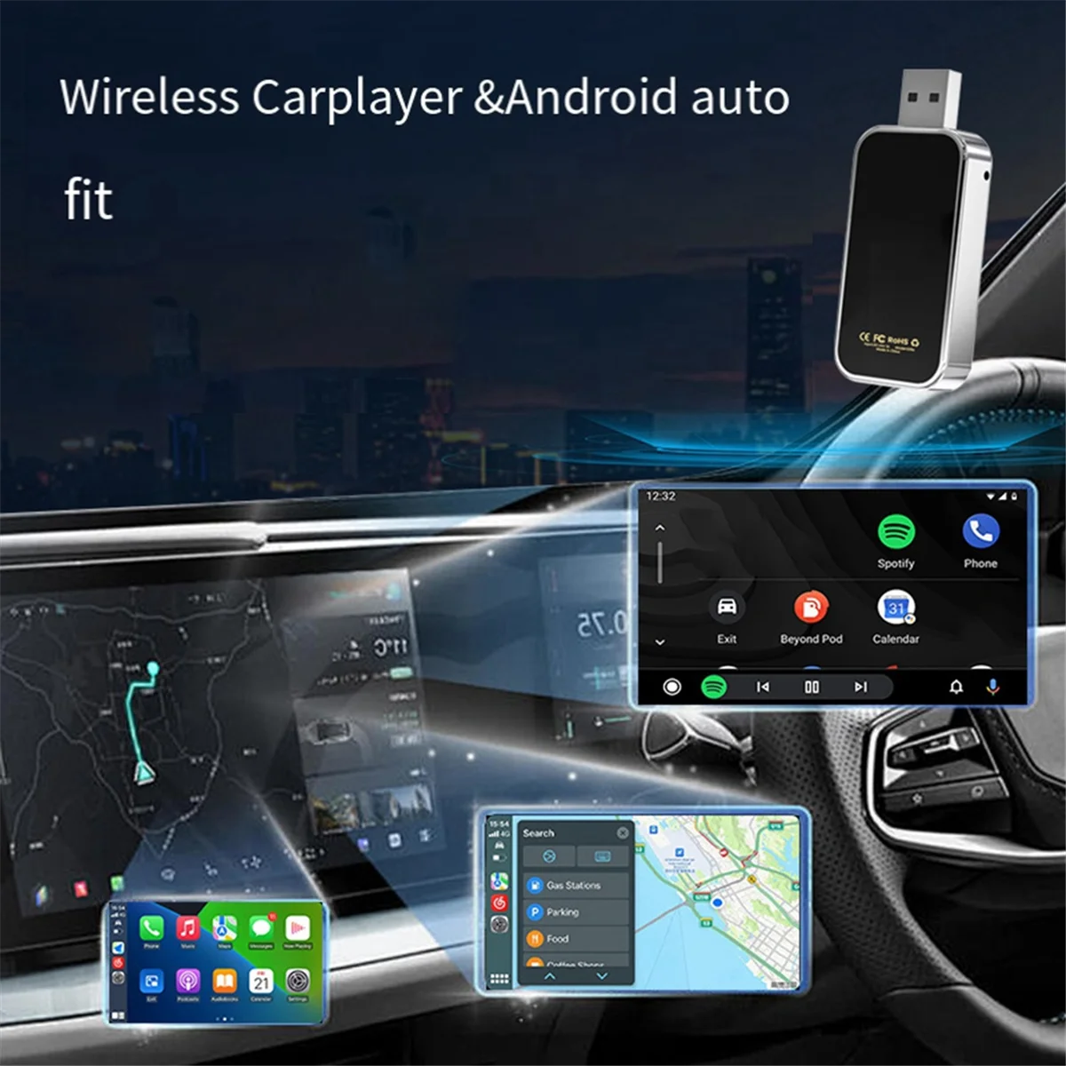 USB 2 in 1 Wireless Carplay Android Adapter Wireless Adapter Car Adapter Convert Wired Android Auto to Wireless