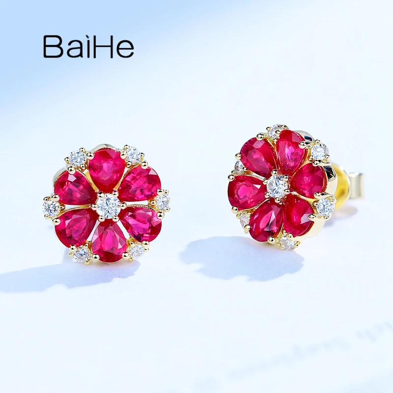 BAIHE Solid 14K Yellow Gold Natural Ruby H/SI Diamond Flower Stud Earrings Women Trendy Engagement Fine Jewelry aretes kolczyki