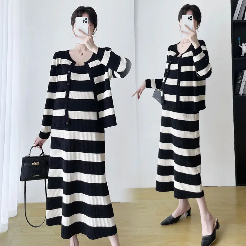 Autumn knitwear dress internet famous camisole skirt striped cardigan jacket spring two-piece set