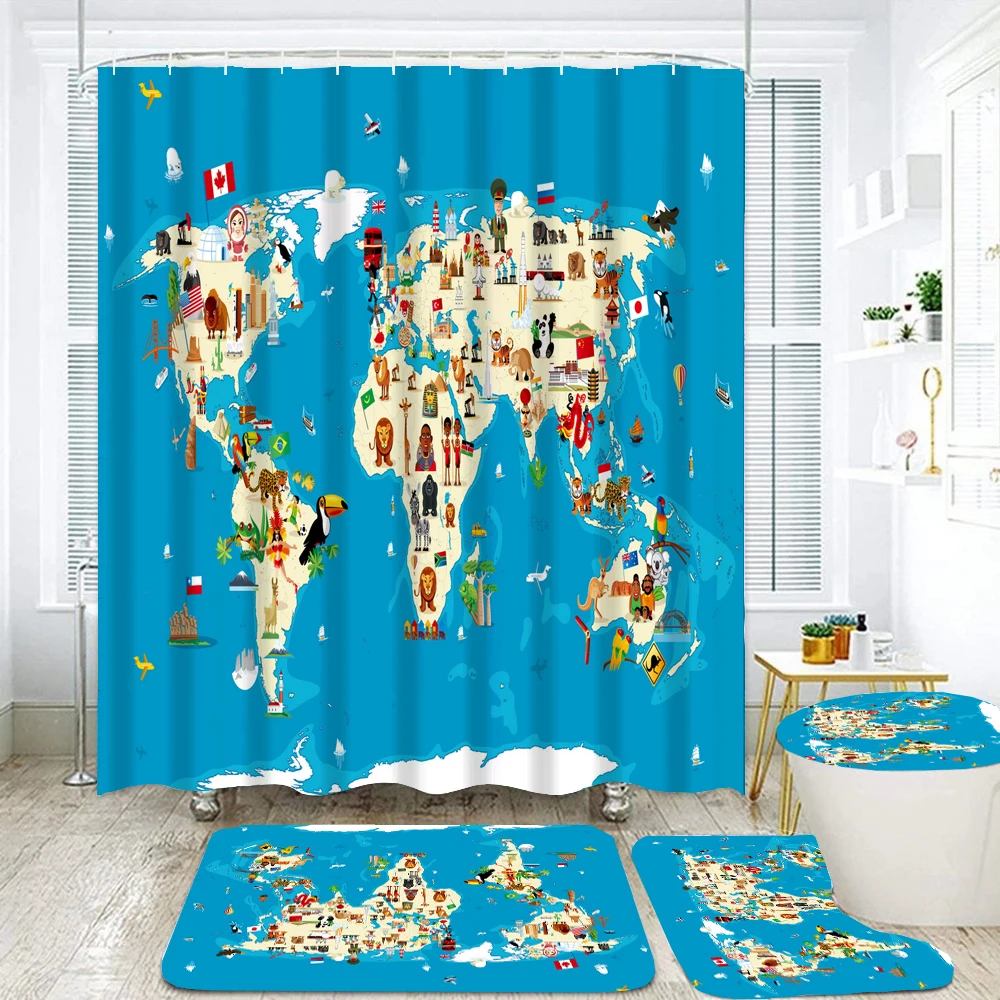 Cartoon Animal World Map Shower Curtain Set with Non-Slip Rugs Toilet Cover Bath Mat Kids Educational Geography Bathroom Curtain