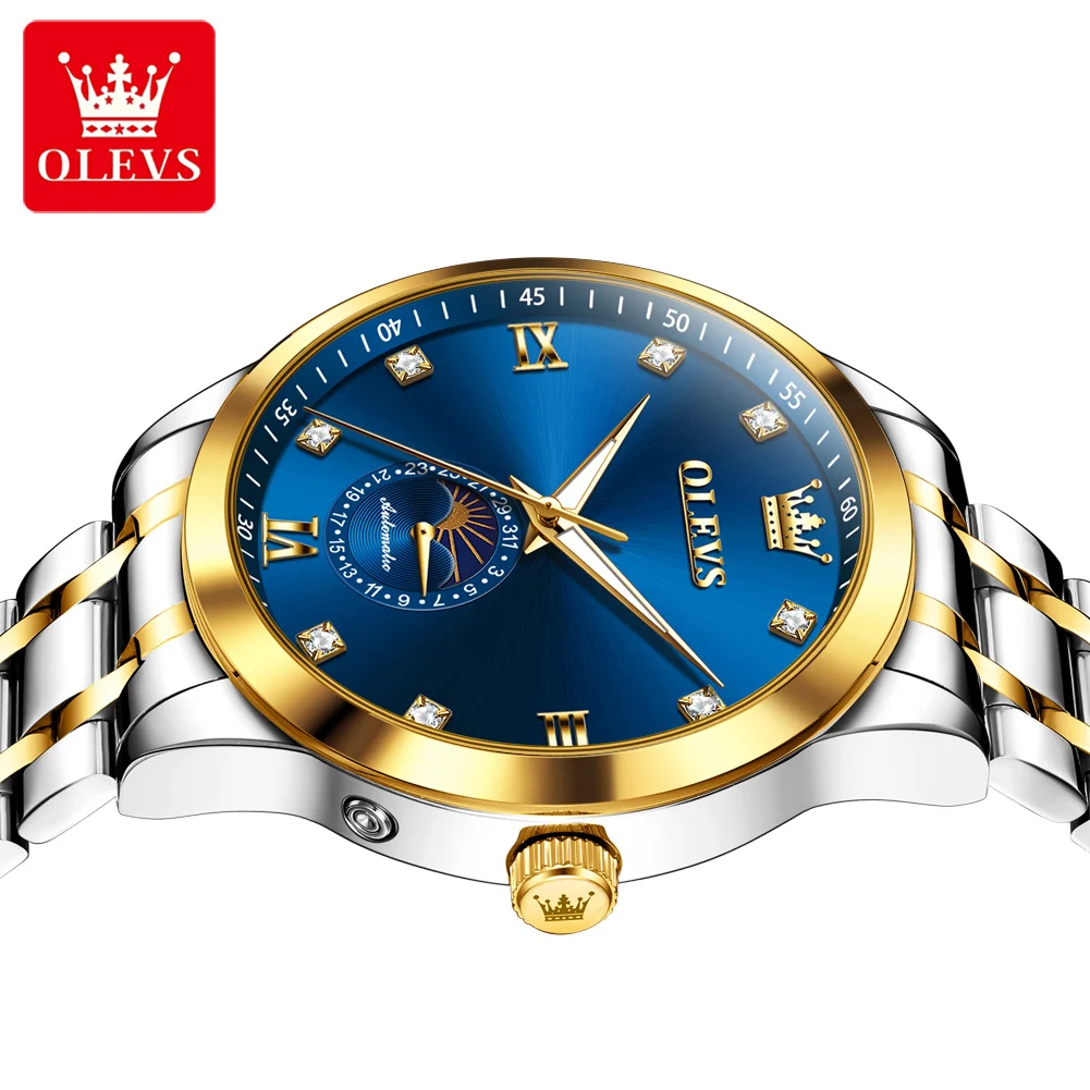 OLEVS 7041 fase lunar partido automático hombres correa de acero resistente al agua escala de diamante marca Original de lujo reloj de pulsera mecánico para hombres
