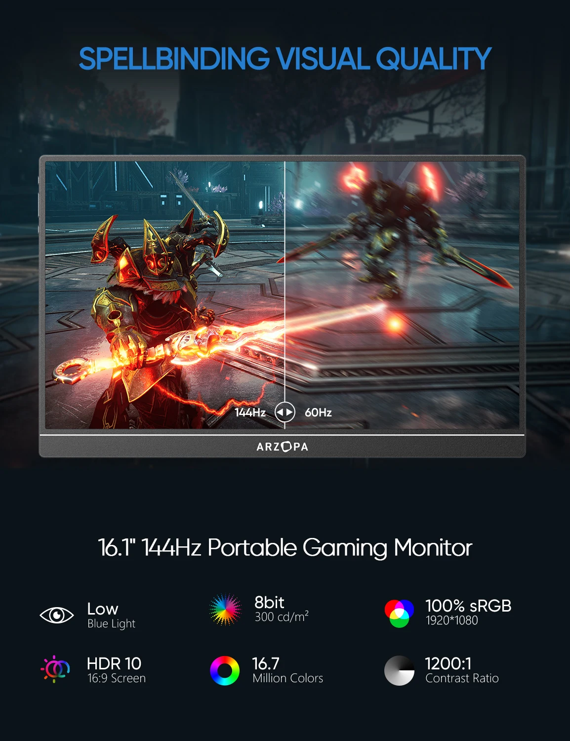 ARZOPA 16.1'' 144hz 100%sRGB 1080P FHD Portable Gaming Monitor 300Cd/m² HDR Second Screen for Switch,Xbox,PS5,Laptop,Mac Z1FC