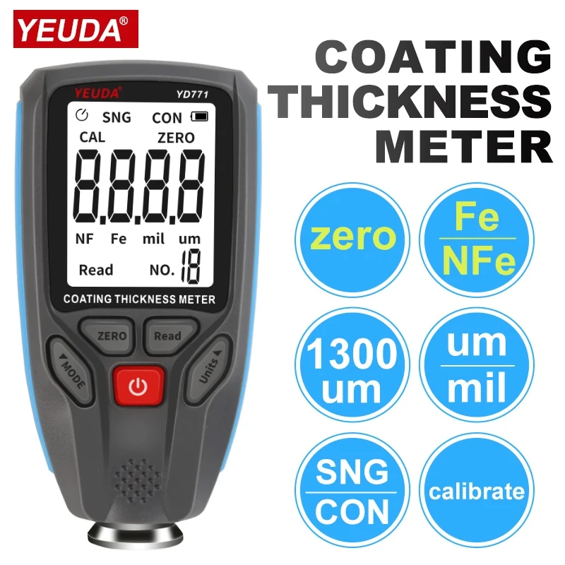 YD771 0~1300um Fe & NFe Coating Tester With Backlight Display Digital Coating Thickness Gauge Car Paint Film Thickness Meter