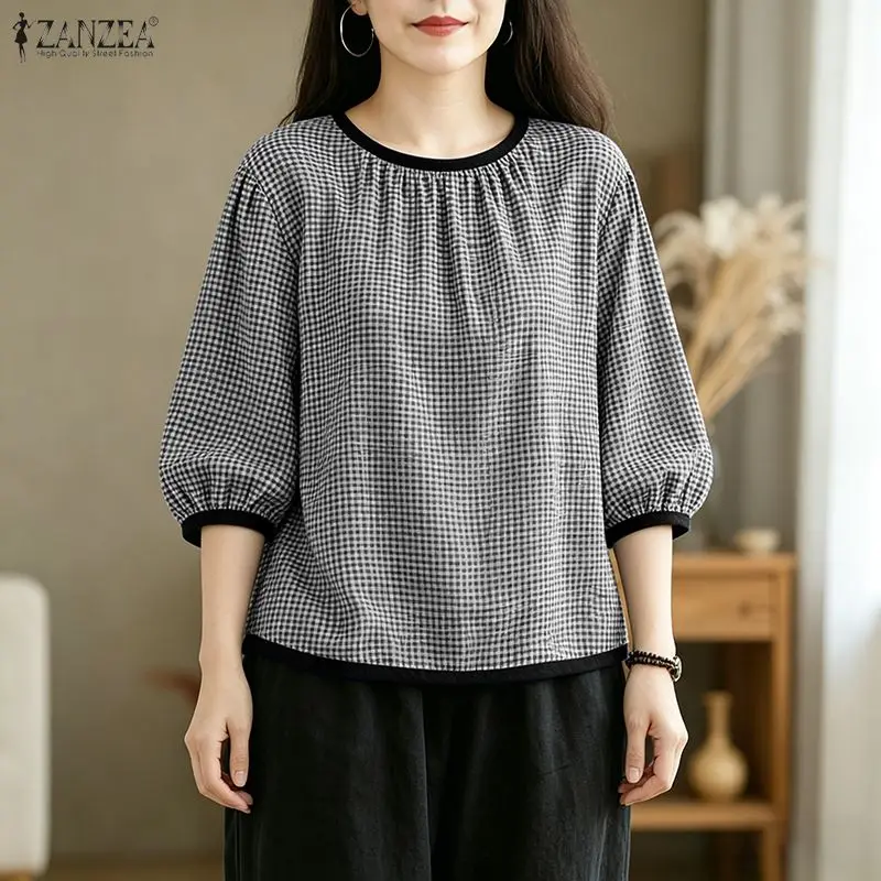

Woman Causal 3/4 Lantern Sleeves Gingham Blouses Contrast-Trim O-Neck Checked Tops ZANZEA 2026 Summer Vintage Blusas de Mujer