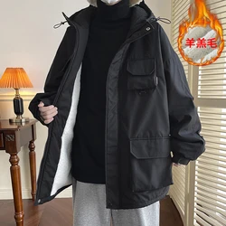 KAPMENTS Mens Harajuku Korean Fashions Parkas Winter Jackets For Men Lambswool Pockets Windbreaker Thick Hooded Jackets Coats