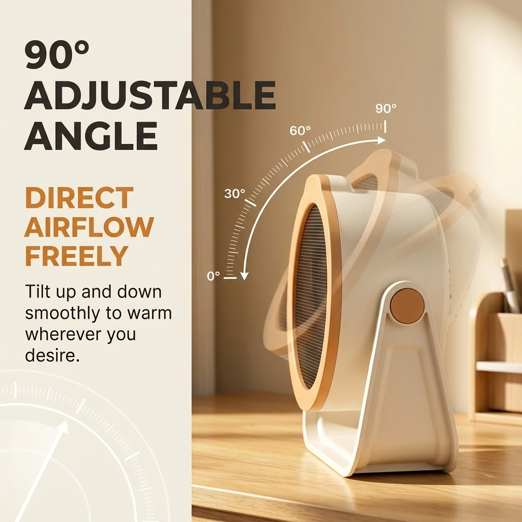 220V EU Plug Portable Space Heater, 90° Adjustable Quiet Fast Heating, 2 Modes PTC Ceramic Warmer for Home Office Bedroom