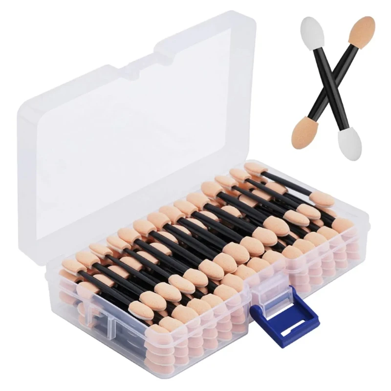 Cuttte 120PCS Disposable Dual Sides Eye Shadow Sponge Applicators with Container, Length Eyeshadow Brushes Makeup Applicator