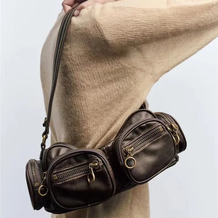 

New vintage brown multi-pocket shoulder bag for women crossbody bags for women