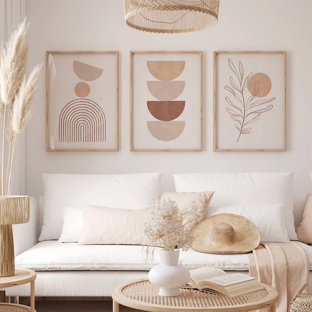 Frameless Bohemian Abstract Geometric Prints Posters Canvas Painting Modern Beige Minimalist Plant Wall Art Home Decor