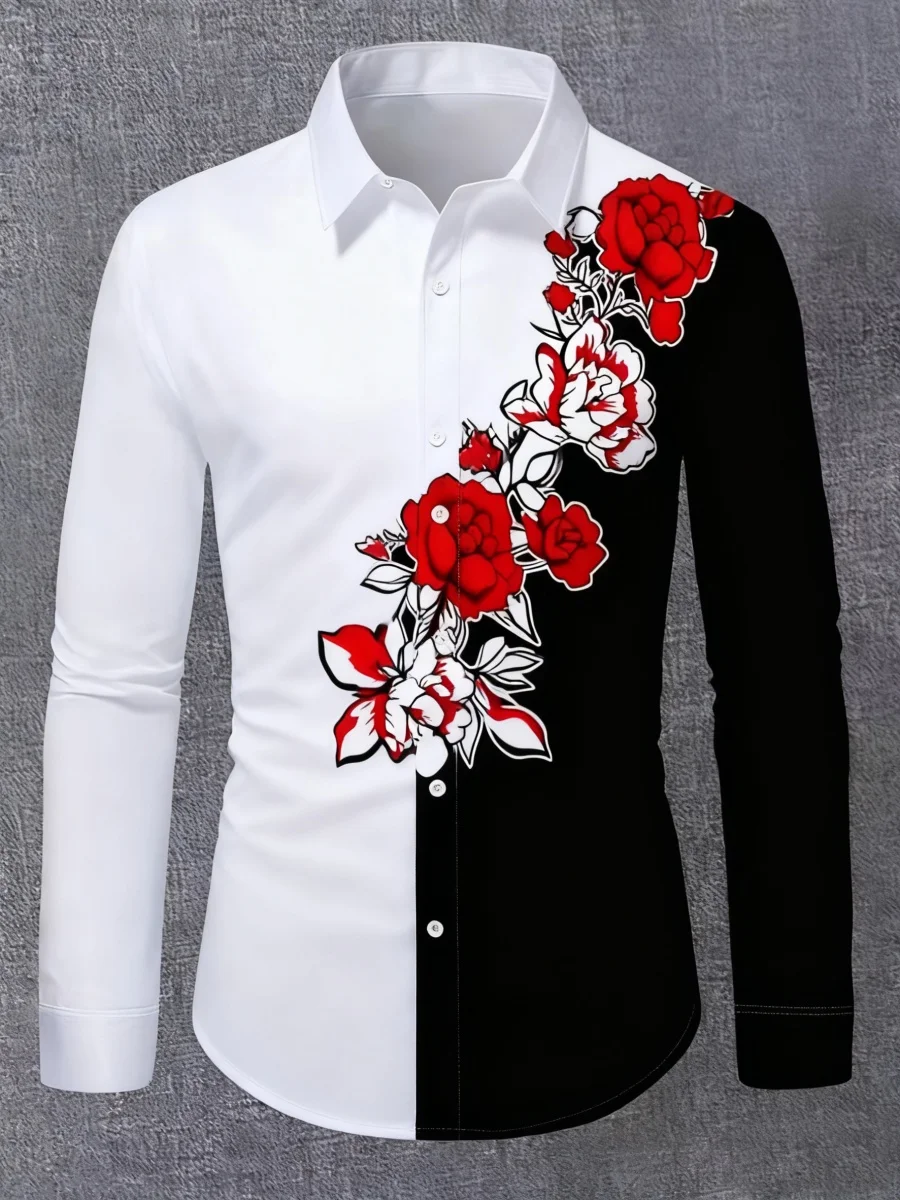 

New men's collarless casual shirt, floral pattern, long sleeves, suitable for everyday wear, fast shipping.
