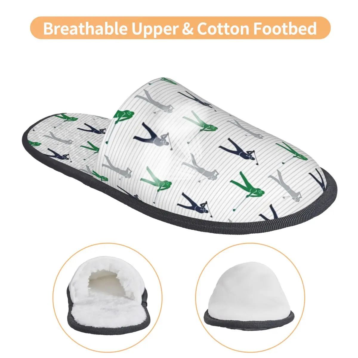 Golfers Navy Green Grey Stripes House Slippers Women Comfy Memory Foam Golf Slip On Hotel Slipper Shoes view 3